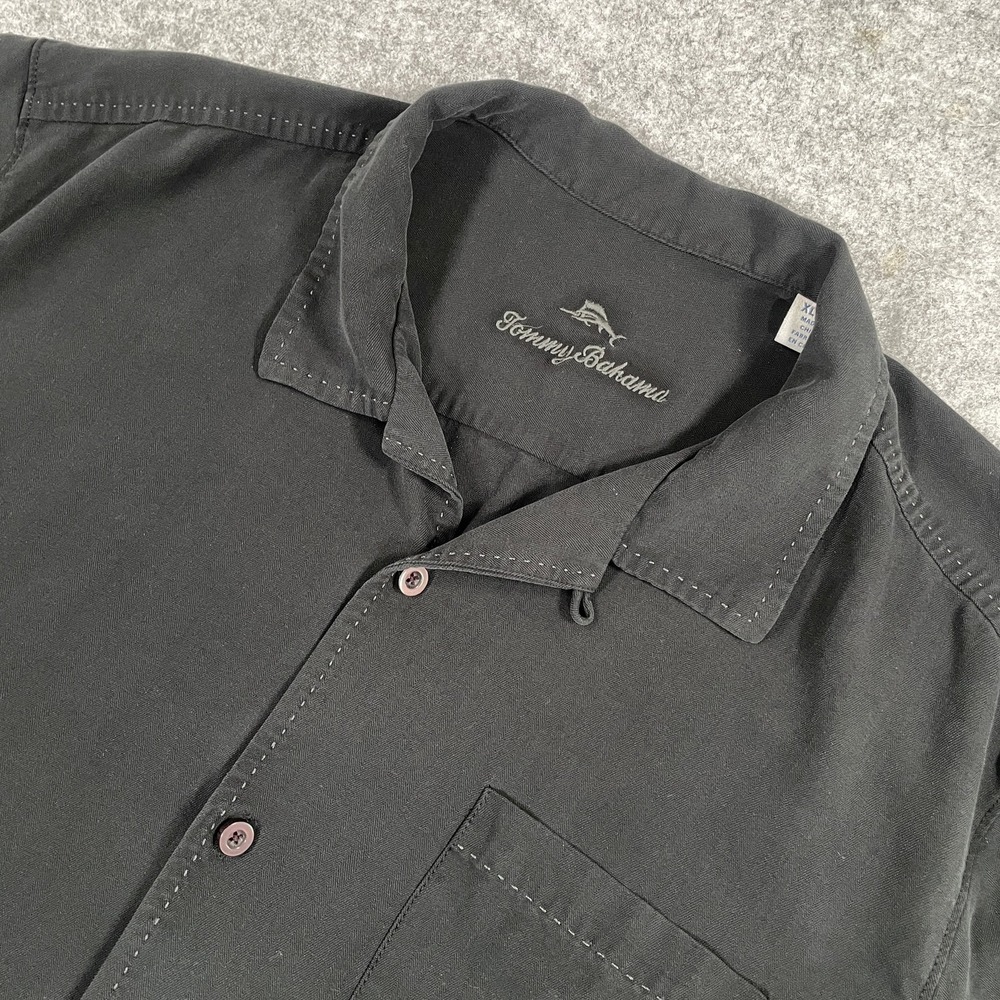 Tommy Bahama Mens Button Down Shirt XL Black Silk Blend Pick Stitching
